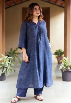 Liyana Dark Indigo Ajrakh Chanderi Silk A Line Kurta with Hand Embroidery