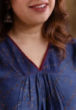 Liyana Dark Indigo Ajrakh Chanderi Silk A Line Kurta with Hand Embroidery