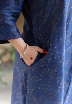Liyana Dark Indigo Ajrakh Chanderi Silk A Line Kurta with Hand Embroidery