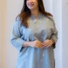 Lyla Sky Blue Hand Block Print Slub Cotton Straight Short Top with Hand Embroidery