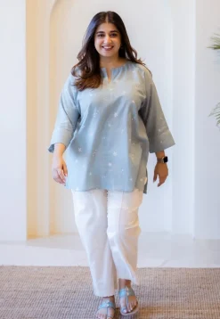 Lyla Sky Blue Hand Block Print Slub Cotton Straight Short Top with Hand Embroidery