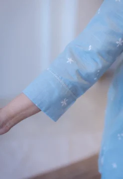 Lyla Sky Blue Hand Block Print Slub Cotton Straight Short Top with Hand Embroidery