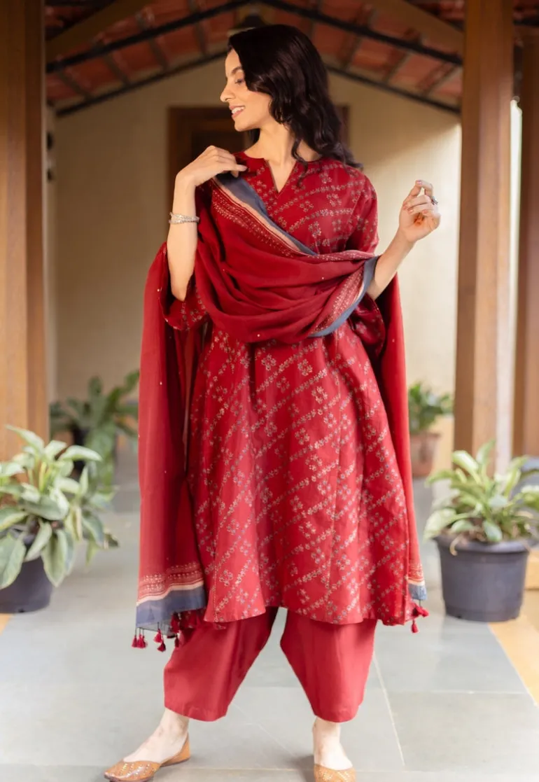 Madder Ajrakh Chanderi Silk Dupatta with Embroidery