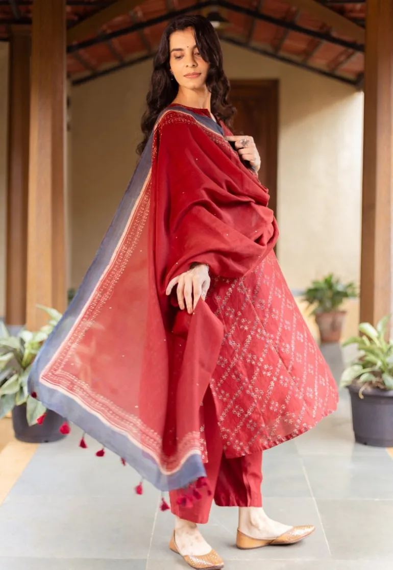 Madder Ajrakh Chanderi Silk Dupatta with Embroidery