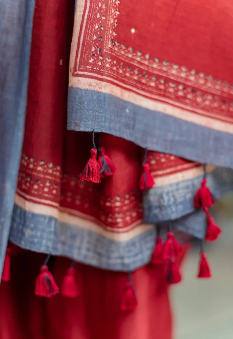 Madder Ajrakh Chanderi Silk Dupatta with Embroidery