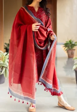 Madder Ajrakh Chanderi Silk Dupatta with Embroidery