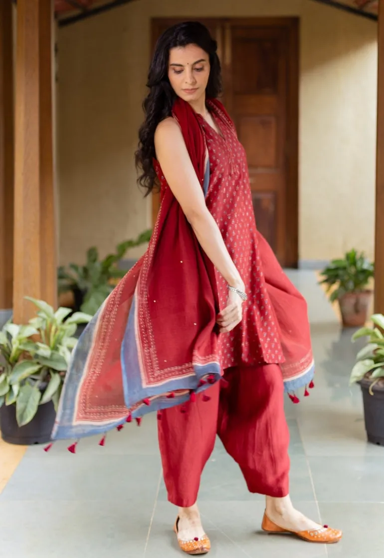 Madder Ajrakh Chanderi Silk Dupatta with Embroidery