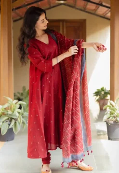 Madder Floral Line Ajrakh Chanderi Silk Dupatta