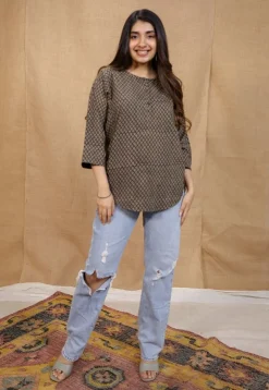 Maha Dark Brown Ajrakh Cotton Straight Short Top