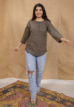 Maha Dark Brown Ajrakh Cotton Straight Short Top