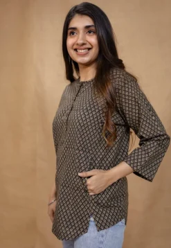 Maha Dark Brown Ajrakh Cotton Straight Short Top
