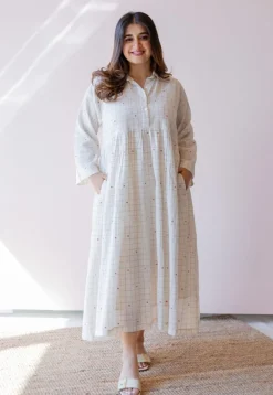 Maira Off White Jamdani Handloom Cotton A Line Dress