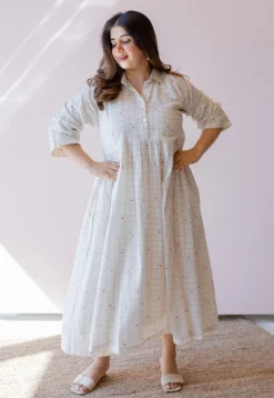 Maira Off White Jamdani Handloom Cotton A Line Dress