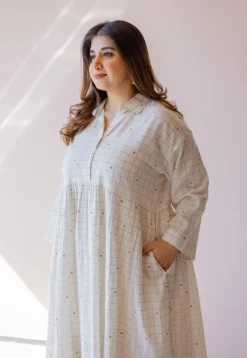 Maira Off White Jamdani Handloom Cotton A Line Dress
