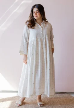 Maira Off White Jamdani Handloom Cotton A Line Dress