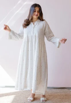 Maira Off White Jamdani Handloom Cotton A Line Dress