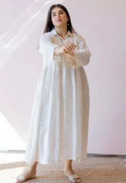 Maira Off White Jamdani Handloom Cotton A Line Dress