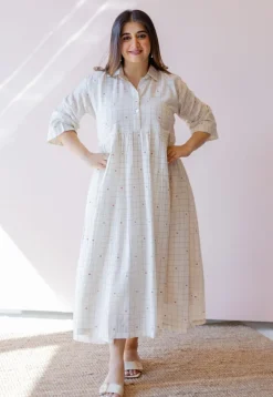Maira Off White Jamdani Handloom Cotton A Line Dress
