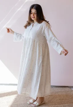 Maira Off White Jamdani Handloom Cotton A Line Dress