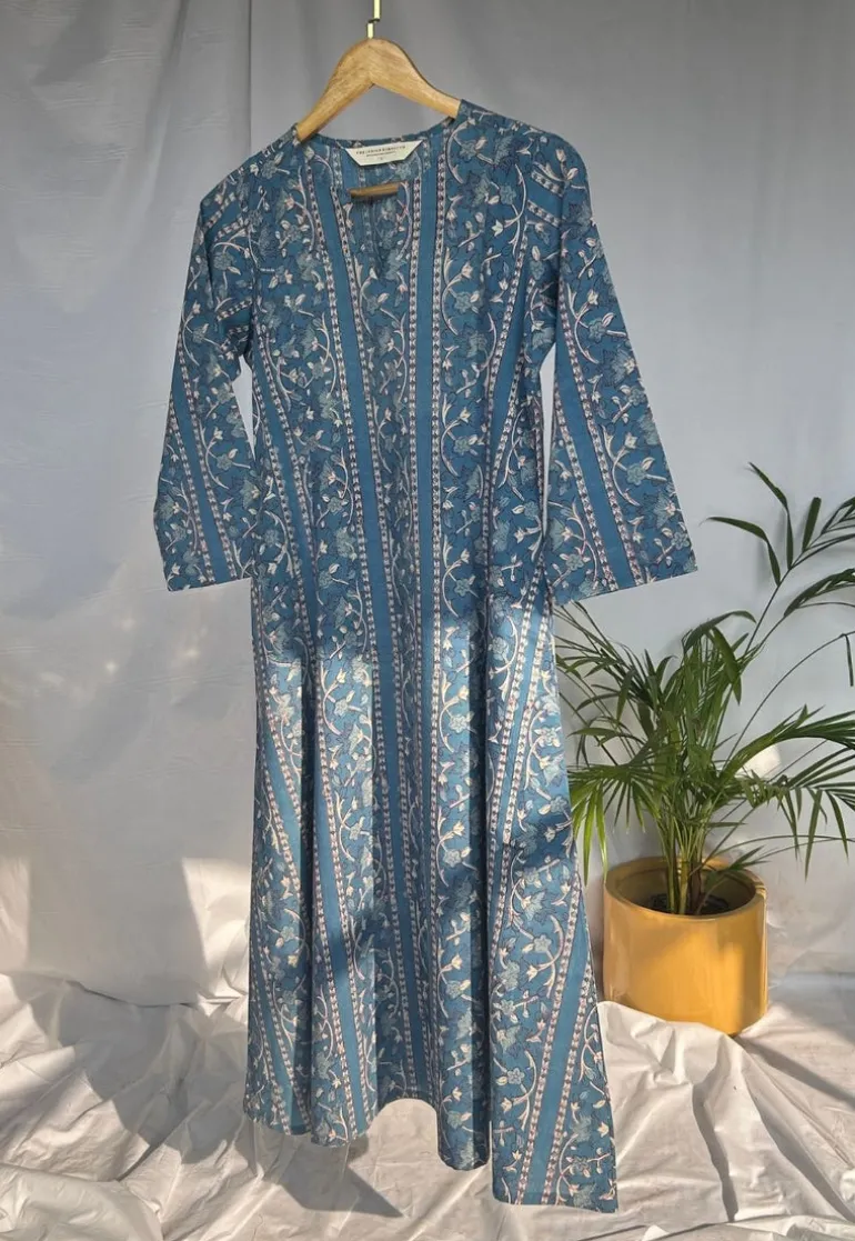 Malika Blue Dabu Slub Cotton Kali Kurta