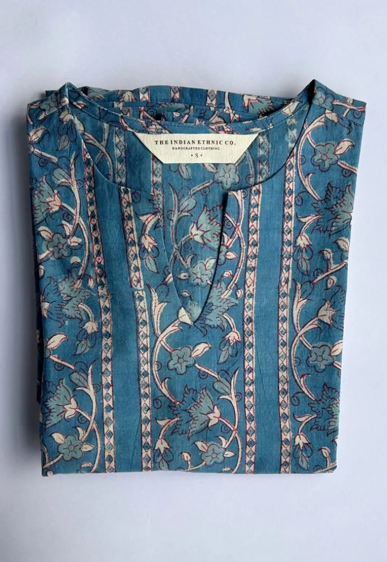 Malika Blue Dabu Slub Cotton Kali Kurta