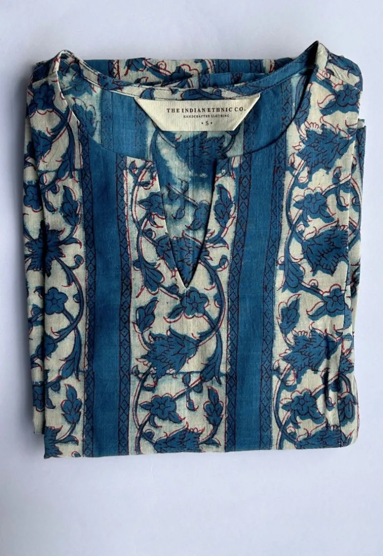 Malika Blue Dabu Slub Cotton Kali Kurta
