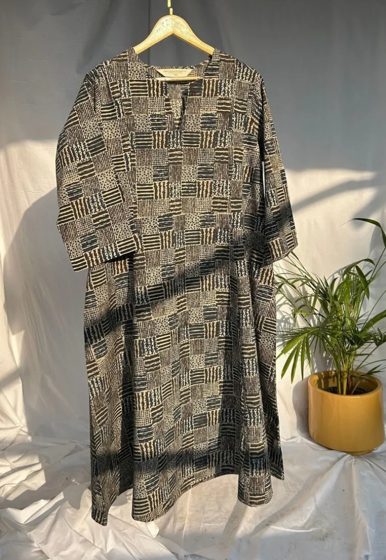 Malika Charcoal Ajrakh Cotton Kali Kurta