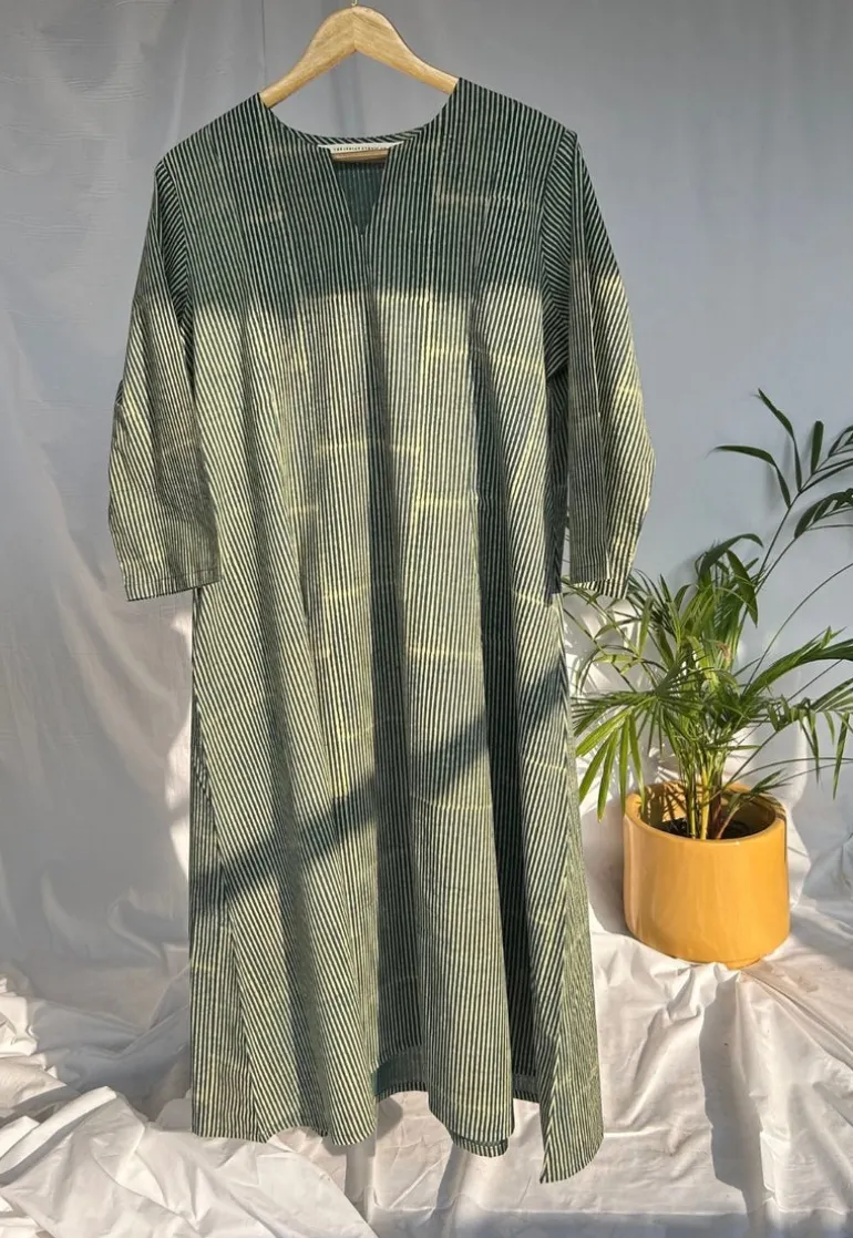 Malika Green Dabu Cotton Kali Kurta