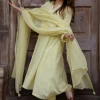 Malika Lime Green Hand Block Print Slub Cotton Kali Kurta with Hand Embroidery