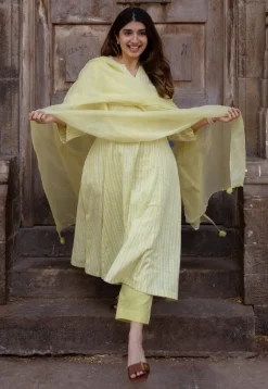 Malika Lime Green Hand Block Print Slub Cotton Kali Kurta with Hand Embroidery