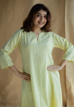 Malika Lime Green Hand Block Print Slub Cotton Kali Kurta with Hand Embroidery