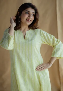 Malika Lime Green Hand Block Print Slub Cotton Kali Kurta with Hand Embroidery