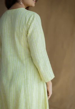 Malika Lime Green Hand Block Print Slub Cotton Kali Kurta with Hand Embroidery