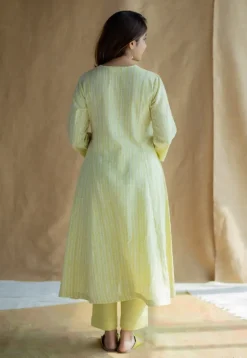 Malika Lime Green Hand Block Print Slub Cotton Kali Kurta with Hand Embroidery
