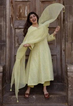 Malika Lime Green Hand Block Print Slub Cotton Kali Kurta with Hand Embroidery