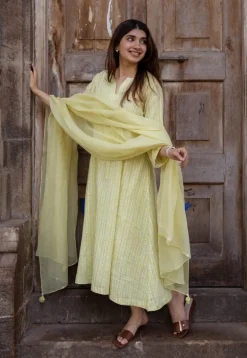 Malika Lime Green Hand Block Print Slub Cotton Kali Kurta with Hand Embroidery