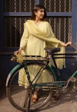 Malika Lime Green Hand Block Print Slub Cotton Kali Kurta with Hand Embroidery