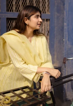 Malika Lime Green Hand Block Print Slub Cotton Kali Kurta with Hand Embroidery