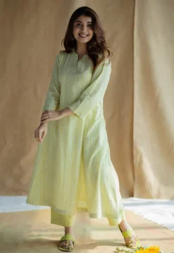 Malika Lime Green Hand Block Print Slub Cotton Kali Kurta with Hand Embroidery