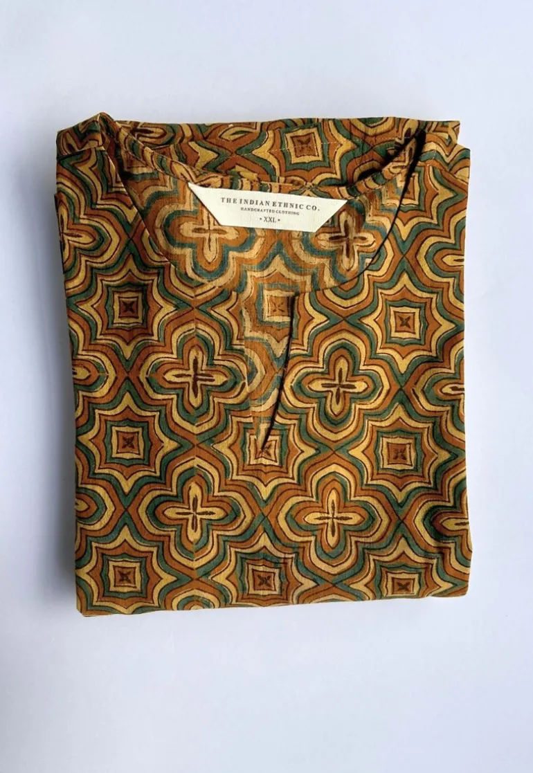 Malika Mustard Ajrakh Slub Cotton Kali Kurta