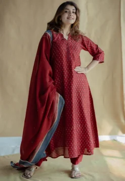 Malvika Madder Ajrakh Chanderi Silk A Line Kurta with Hand Embroidery