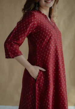 Malvika Madder Ajrakh Chanderi Silk A Line Kurta with Hand Embroidery