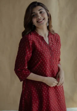 Malvika Madder Ajrakh Chanderi Silk A Line Kurta with Hand Embroidery