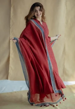 Malvika Madder Ajrakh Chanderi Silk A Line Kurta with Hand Embroidery