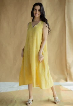 Mariam Mustard Hand Block Print Slub Cotton A Line Dress with Hand Embroidery