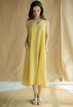 Mariam Mustard Hand Block Print Slub Cotton A Line Dress with Hand Embroidery
