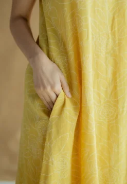 Mariam Mustard Hand Block Print Slub Cotton A Line Dress with Hand Embroidery