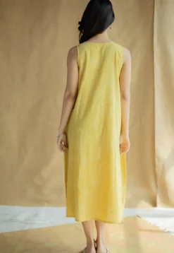 Mariam Mustard Hand Block Print Slub Cotton A Line Dress with Hand Embroidery