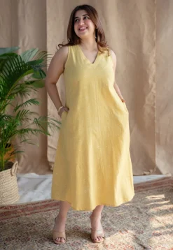 Mariam Yellow A Line Dabu Slub Cotton Dress