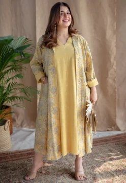Mariam Yellow A Line Dabu Slub Cotton Dress